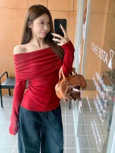 Áo Len Dệt Kim Cổ Bẻ Một Bên Vai Kiểu Pháp Cho Nữ Mùa Xuân Dáng Ôm Vừa Vặn Thanh Lịch Thời Trang Công Sở Màu Trơn Dài Tay