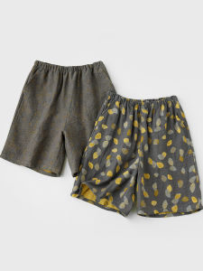 กางเกงขาสั้นผ้าฝ้ายสองชั้นสำหรับใส่ในบ้านสำหรับผู้ชาย ทรงหลวมสบาย ๆ ดีไซน์ลายดอกไม้ กางเกงนอนฤดูร้อนสำหรับผู้ชาย