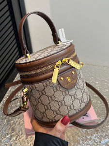 Retro Cylinder Shaped Bucket Bag Womens Fashion Printed Single Shoulder Crossbody Bag Korean Style Soft PU Leather Handbag