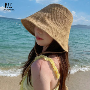 หมวกชายหาดมีเชือกผูกฟางแบบทอหมวกแก๊ปของผู้หญิง LouisWill หมวกกันแดดพับได้พกพาได้หมวกกันแดดลำลองหมวกป้องกันแสงแดดชาวประมงหมวกป้องกันรังสียูวีสำหรับท่องเที่ยวกลางแจ้งฤดูร้อน