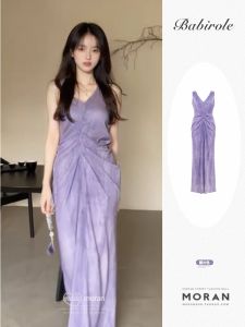 ชุดเดรสยาวคอวีแขนกุดสีม่วงสไตล์จีนใหม่สำหรับผู้หญิงในฤดูร้อน ชุดเดรสยาวคลุมเข่าเอวสูงกระชับสัดส่วน เดรสยาวคลุมเข่า