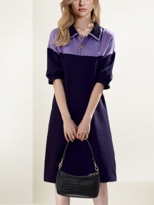 Casual Polo Collar Splice Dress Womens Spring Autumn Straight Tube Skirt Long Sleeve Slimming Design Street Style QOOEL