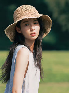 WEIAI | Breathable Hollow Out Large Brim Straw Hat Womens Summer Beach Vacation Sun Protection Hat Casual Style Round Top Cap