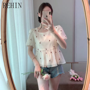 REHIN Summer New Pearl Square Neck Short Sleeve Shirt - Ethereal and Sweet Elegant Womens top