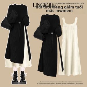 Bộ Váy Dệt Kim Dài Màu Đỏ Noel Thanh Lịch Cho Nữ Mùa Xuân Thu Cỡ Lớn Phong Cách Nhỏ Hương Thơm