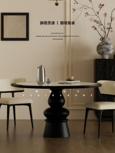 Solid Wood Stone Plate Dining Table round For Home Designer Small round Table Black Casual Conference Table French Retro Style