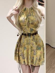 World Famous Yellow Cat Print One Piece Swimsuit Womens Flat Angle Thermal Vacation Resort Slimming Tummy Covering Skirt Style