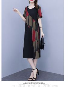 ชุดเดรสฤดูร้อนสไตล์เกาหลีแฟชั่นสําหรับผู้หญิงขนาดบวกความยาว Midi เอวสูงพร้อมผ้าโพลีเอสเตอร์แขนสั้น