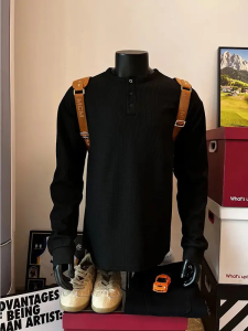 เสื้อยืดคอกลมแขนยาวลำลองสำหรับผู้ชายไซส์ใหญ่ Henry Collar Hoodless Spring Autumn Casual Wear กางเกงขายาว