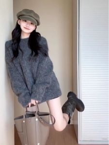 Late Autumn and Early Winter Wear Gray Loose and Lazy Style Mid Length Long Length Haima Fur Sweater Female Maillard Knitwear Tops