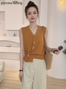 WANGGONGZHU | Slim Fit Korean Style V Neck Sleeveless Knitted Cotton T Shirt Women Summer New Design Casual Comfortable Top Unconventional