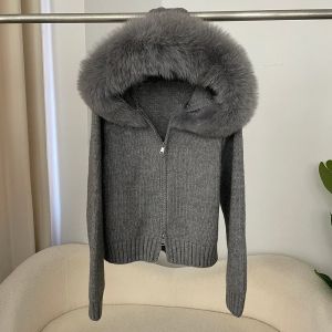 Áo Khoác Cardigan Len Nữ Có Mũ Lông Cáo Thật Kiểu Dáng Thường Ngày Chất Liệu Len Thời Trang Xuân Thu Khóa Kéo Co Giãn Nhẹ