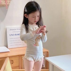 Summer Ice Silk Long Sleeve Swimsuit for Girls Childrens Overall Cartoon Print Cute Baby Sunscreen Quick Dry Korean Style