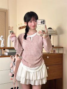 Slim Fit Short Knitted Sweater Long Sleeve V-Neck Color Block Design Commute Style Polyester Fiber round Neck Knitted Top