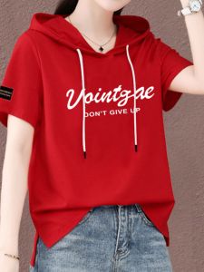ฤดูร้อน ผ้าฝ้าย เสื้อฮู้ด ผู้หญิง Loose Fit ลำลอง เสื้อแขนสั้นบาง ทันสมัย หลากหลาย สีแดง เสื้อสวม สไตล์พิมพ์ ดีไซน์