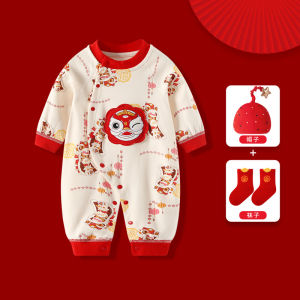 Thickened Cotton Autumn Winter Romper Baby New Year Celebration Clothes Red Lucky Color Warm Jointed Clothes for Newborns