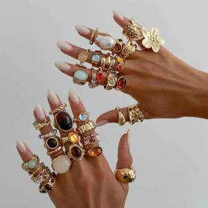 35 Cái/bộ Hoa Bohemian Giả Ngọc Trai Mở Nhẫn Cho Nữ Xếp Chồng Sang Trọng Tinh Tế Y2K Bộ Trang Sức Đính Kim Cương Giả