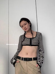 Slim Fit Striped Long Sleeve T-Shirt Womens Short Style Versatile Design Summer New Arrival THESUMEY 2023 Korean round Neck Tee