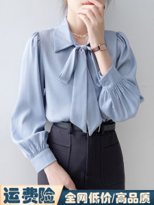 French Butterfly Knot Satin Long Sleeve Turn-down Collar Shirt Womens New Autumn Commute Professional Interview Blouse