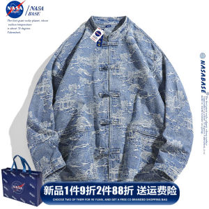 NASA Collaborative Autumnal Denim Jacket Mens Style Button Decorated National Trend Casual Long Sleeve Cotton Jeans Jacket