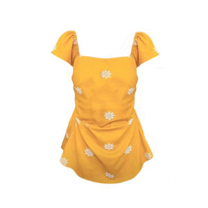 YUEZHONGWEI | French Style Square Collar Embroidered Yellow Short Sleeve Shirt Womens Summer Slim Fit Waist Cinched Initial Summer Shirt