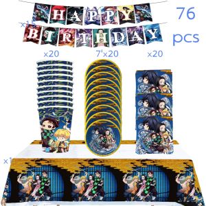 Kayou | Demon Slayer Birthday Party Decor Disposable Tableware Plates Cups Napkins Tablecloth Banner Balloons Kids Anime Party Supplies