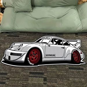 VIKAMA White Sports Car Rug Boys Room Decorative Floor Mat Bedside Rug For Bedroom Durable And Easy-To-Clean Home Decor