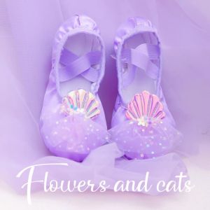 Pink Ballet Dance Shoes Children Performance Practice Shell Mermaid Flowers And Cats Soft Bottom Cat Claw Flats for Girls
