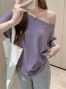 Slimming Batwing Sleeve Knitted Top Asymmetrical Neckline Summer Style Womens Fashion Casual Loose Fit Heat Sensation