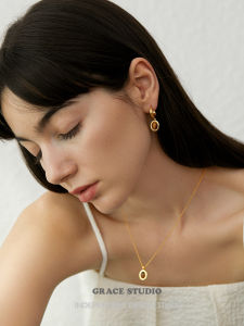 Elegant Oval Tiger Eye Stud Earrings And Necklace Set Vintage Style Gold Plated French Collarbone Chain Jewelry for Women