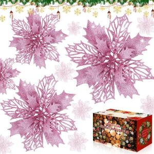 5Pcs Pink Sparkle Artificial Flowers Christmas Decoration Christmas Tree Decor Garland Ornaments For Home Wedding Navidad Decor
