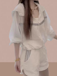 WANGGONGZHU | Princess Style Womens Summer Lightweight Short Sleeve Hat Sportswear Two-Piece Set Breathable Sun Protection Casual Shorts