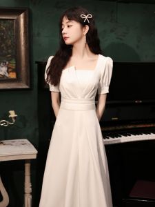 Elegant White Wedding Dress Womens Party Dress Casual Wear French Collar Engagement Gown A-Line Skirt Short Sleeve