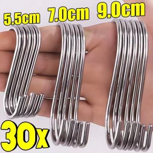 30ชิ้น ตะขอแขวนรูปตัว S สเตนเลสสตีลสำหรับงานหนัก / ที่แขวนจัดระเบียบผนังห้องครัวและห้องน้ำ / กระเป๋าเสื้อผ้า ผ้าขนหนู ที่แขวนหม้อ