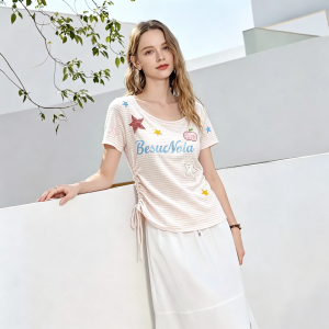 puella | Summer Fun Print Skew-collar Age-reducing Versatile T-shirt