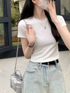 เสื้อยืดแขนสั้นทรงเข้ารูปผ้าฝ้ายแท้สำหรับผู้หญิง สีขาว ทรงเข้ารูป ทรงเข้ารูป เอวสูง ทรงเข้ารูป ฤดูร้อน 2025 ใหม่