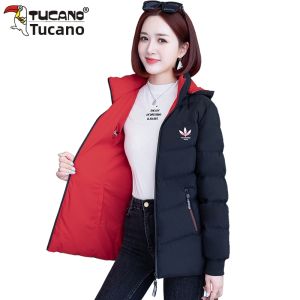 Double-Sided Wear Thickened Warmth Womens down Cotton Jacket Coat Hooded Zipper Closure Short Style TUCANO Brand Commute