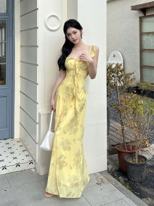 Wiwi French Style Yellow Dress Womens Summer Elegant High Waist Long Skirt Loose Fit A-Line Printed Maxi Dress Vacation Beach Wind