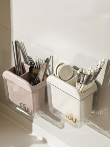 High Aesthetic Value Wall-Mounted No-Punching Chopsticks Holder Drainage Fast Spoon Fork Storage Box Rack Square Double-Tube Plastic