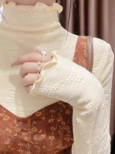 เสื้อเชิ้ตคอปกสูงแบบหนาปานกลางสำหรับผู้หญิงในฤดูใบไม้ร่วงและฤดูหนาว เสื้อชั้นในลูกไม้เนื้อนุ่มสวมใส่สบาย ทรงหลวม แขนยาว