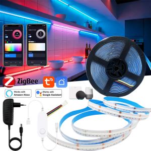 Tuya Zigbee 3.0 High Density Flexible COB RGBCCT Tape DC24V 6Pin 840led/m Led Strip Light Smart Control for Alexa Smartthings