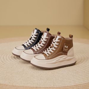 Leather High Top Casual Shoes Womens 2025 New Spring Autumn Heightening Platform Thick Bottom White Sneakers British Style Short Boots