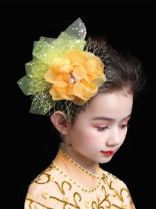 เครื่องประดับผมรูปดอกไม้ลูกไม้ขนาดใหญ่สำหรับเด็กผู้หญิง เครื่องประดับผมรูปตุ๊กตาเจ้าหญิงสำหรับการแสดงวันเด็ก ตกแต่งผมด้วยขนนกและลูกไม้