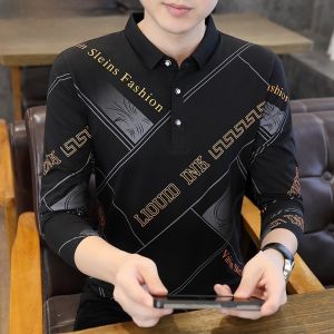 HENGYUANXIANG | Áo thun polo tay dài cổ bẻ cho nam Áo sơ mi cổ bẻ thường ngày mùa xuân thu Áo thun cotton thời trang cho bố