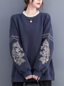 New Chinese Style Womens Hoodie Sweatshirt Spring Autumn Large Size Moms Clothing Embroidered Lace Long Sleeve Thickened