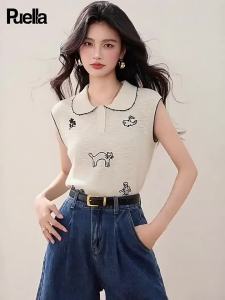 puella | Summer Sleeveless Knit Top Cute Cat Embroidery