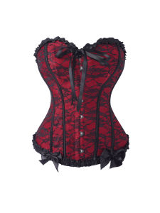 Women Gothic Floral Lace Overbust Corset Sweetheart Strapless Bustier with Ruffle Trim Front Bow Busk Closure Lace Up Back
