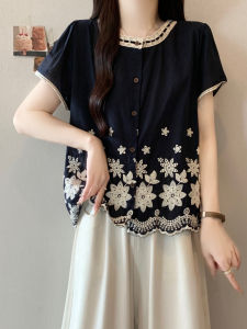 WANGGONGZHU | Retro Embroidered Loose Short Sleeve Womens Top Plus Size Design Sensation Belly Concealing Flower Edge Slimming Effect
