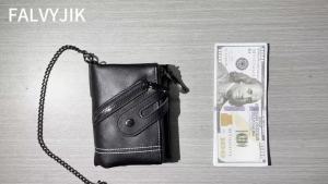 Classic Retro Mens Chain Wallet RFID Anti-Theft Mens Leather Wallet Double Zipper Coin Purse Credit Card Holder for Men