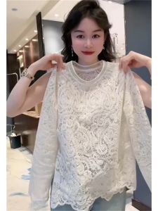 เสื้อยืดคอตตอนลูกไม้โปร่งใสสไตล์ยุโรปสำหรับผู้หญิง ฤดูใบไม้ผลิและฤดูใบไม้ร่วง เสื้อเชิ้ตแขนยาวทรงหลวมสบายๆ สไตล์เกาหลี